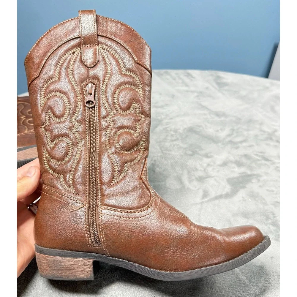 Cat Jack Girls Cowboy Boots 5 Brown Embroidered Western Zip Up
